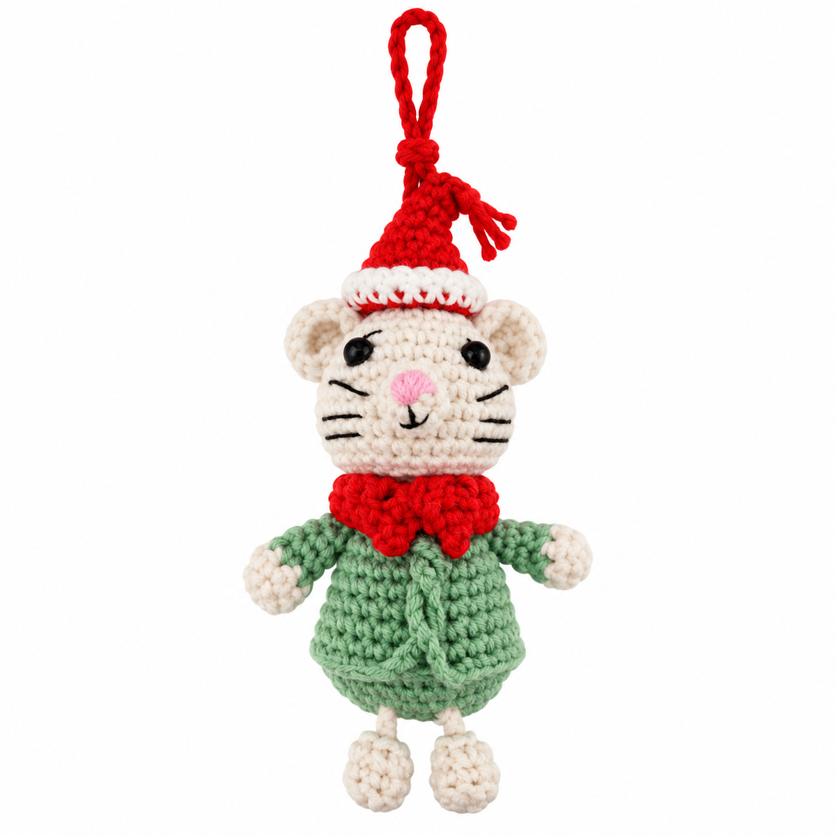 Xmas Mouse in a green dress Hanging Crochet Decoration