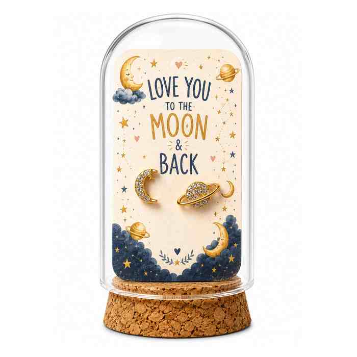 Love You to the Moon and Back gold moon and planet earrings