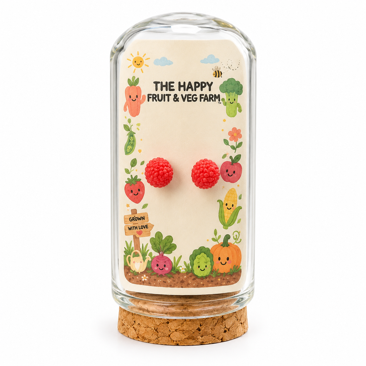 Red berry stud earrings in The Happy Fruit & Veg Farm glass bottle gift packaging