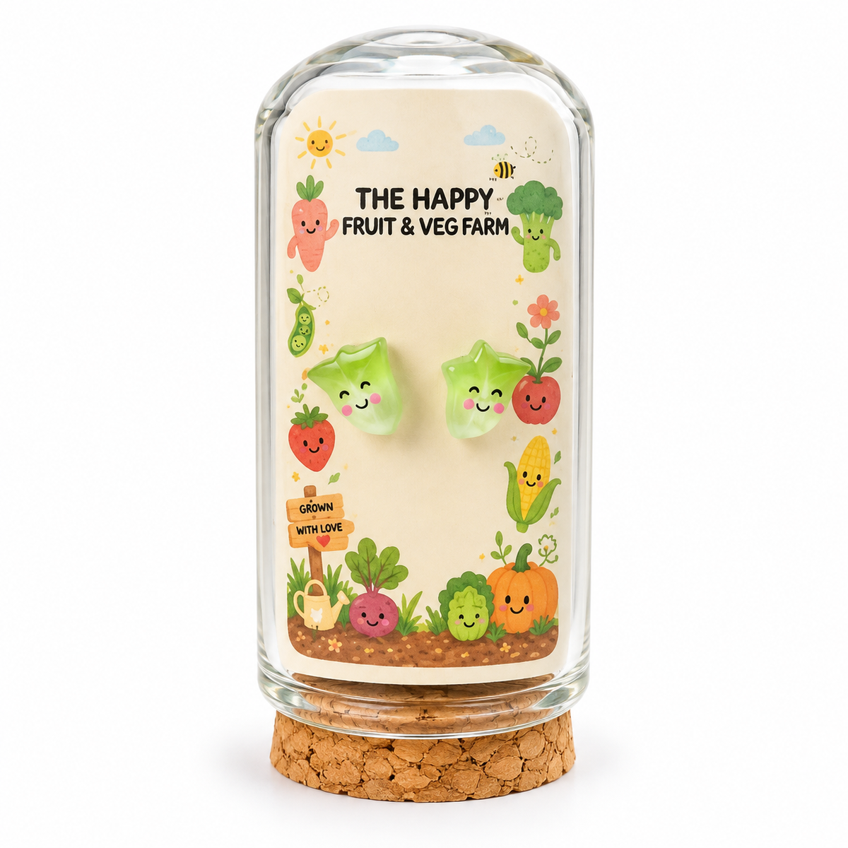 Green smiley stud earrings in The Happy Fruit & Veg Farm glass bottle gift packaging