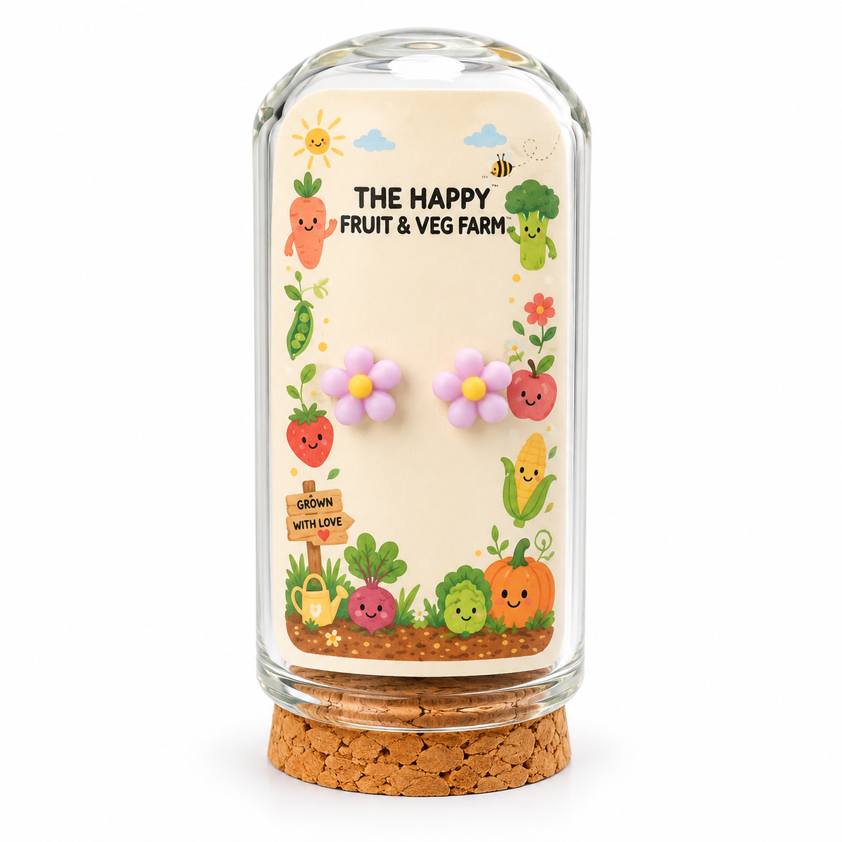 Lilac flower stud earrings in The Happy Fruit & Veg Farm glass bottle gift packaging