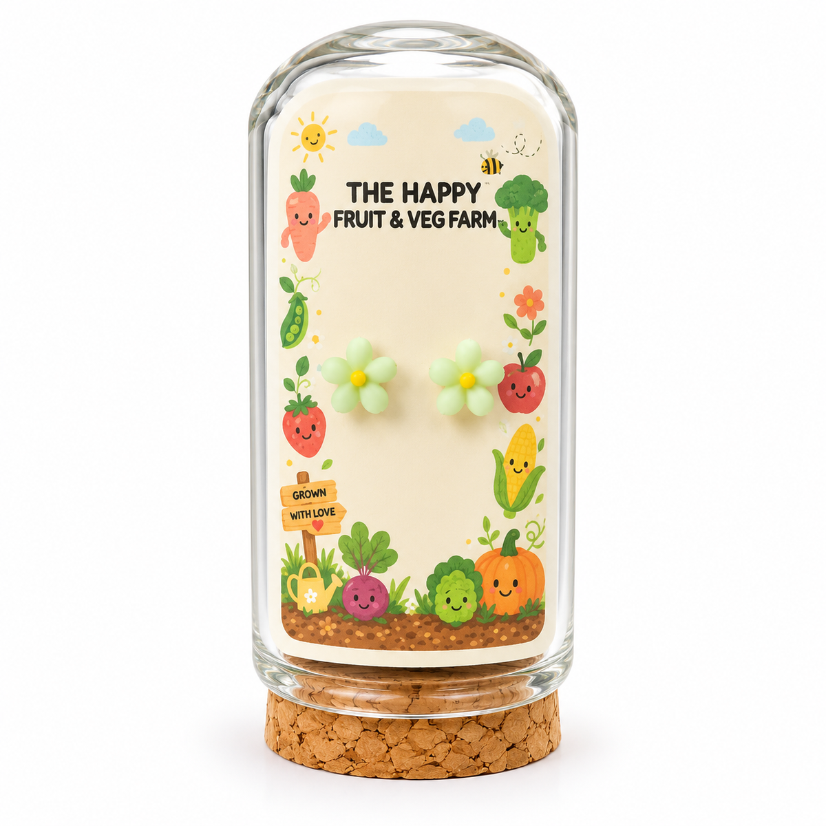 Pale green flower stud earrings in The Happy Fruit & Veg Farm glass bottle gift packaging