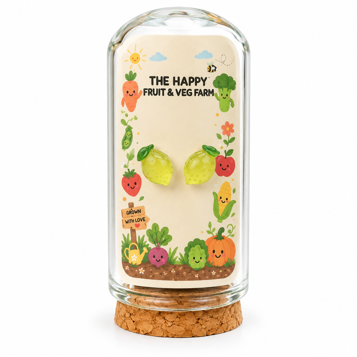 Lemon stud earrings in The Happy Fruit & Veg Farm glass bottle gift packaging