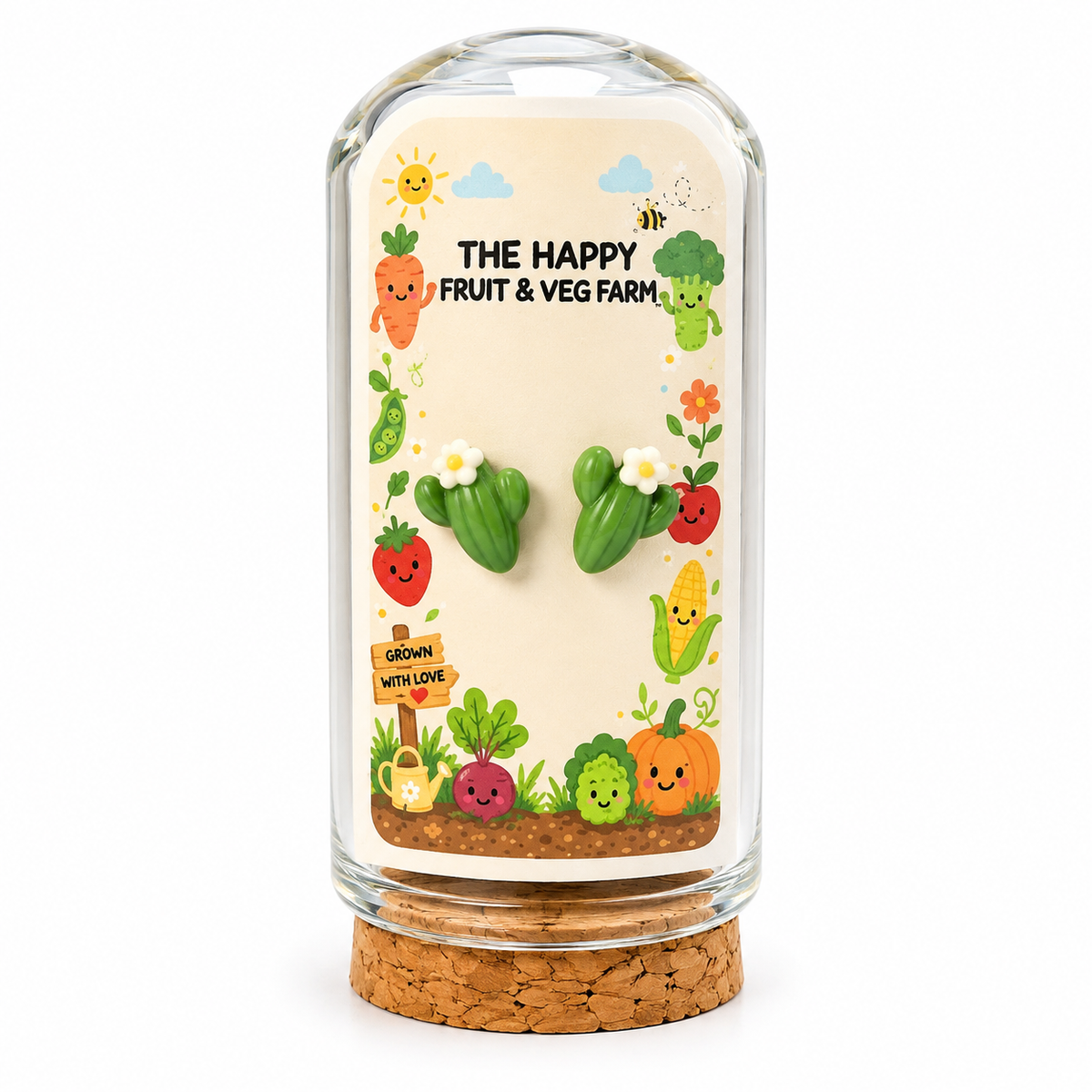 Green cactus flower stud earrings in The Happy Fruit & Veg Farm glass bottle gift packaging