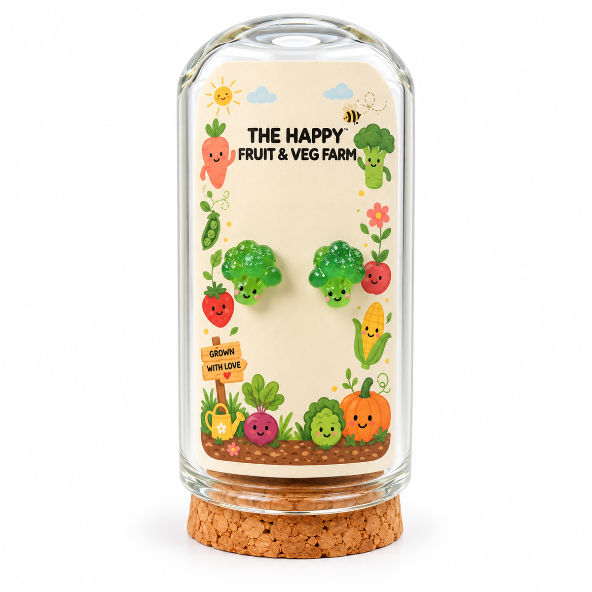 Broccoli stud earrings in The Happy Fruit & Veg Farm glass bottle gift packaging