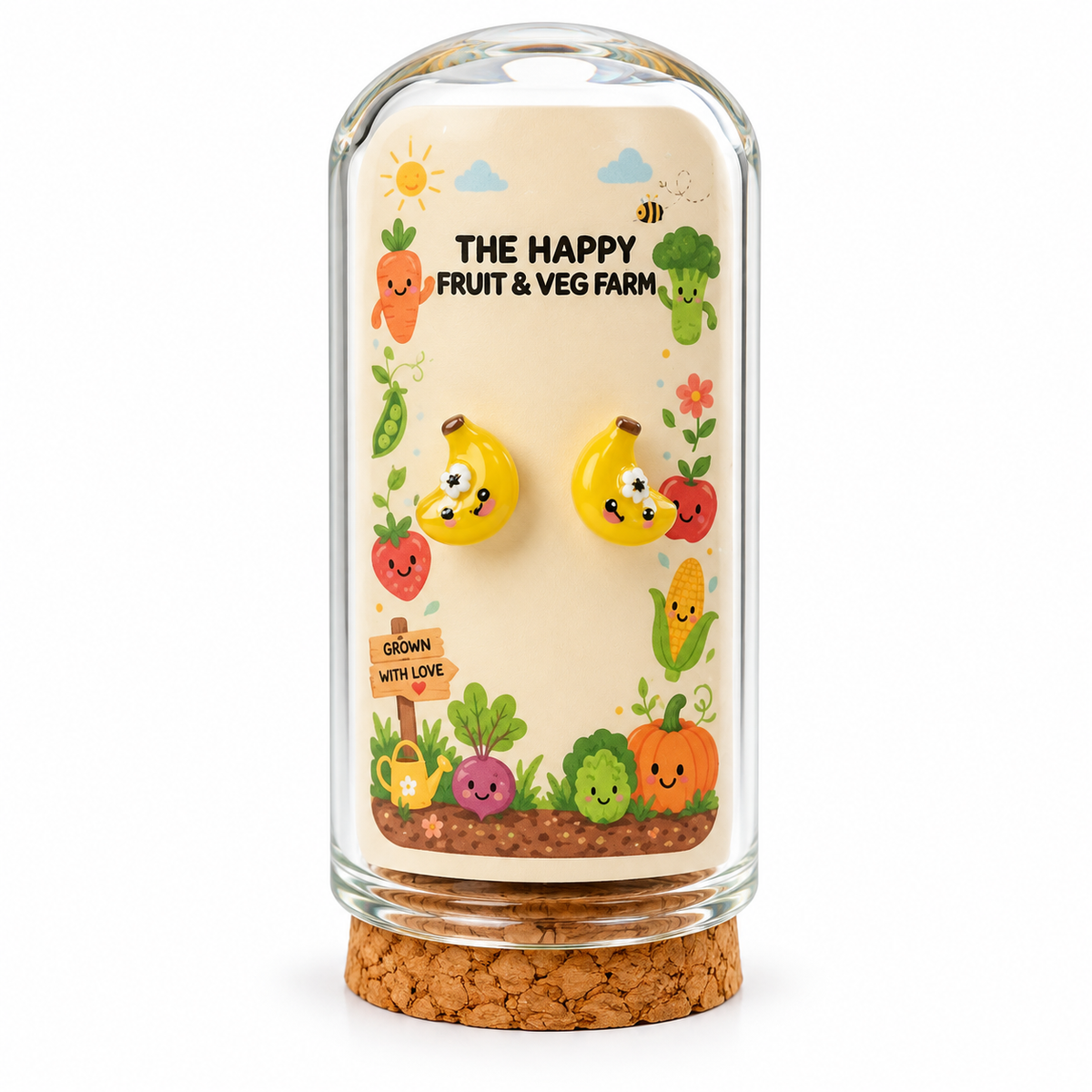 Banana stud earrings in The Happy Fruit & Veg Farm glass bottle gift packaging