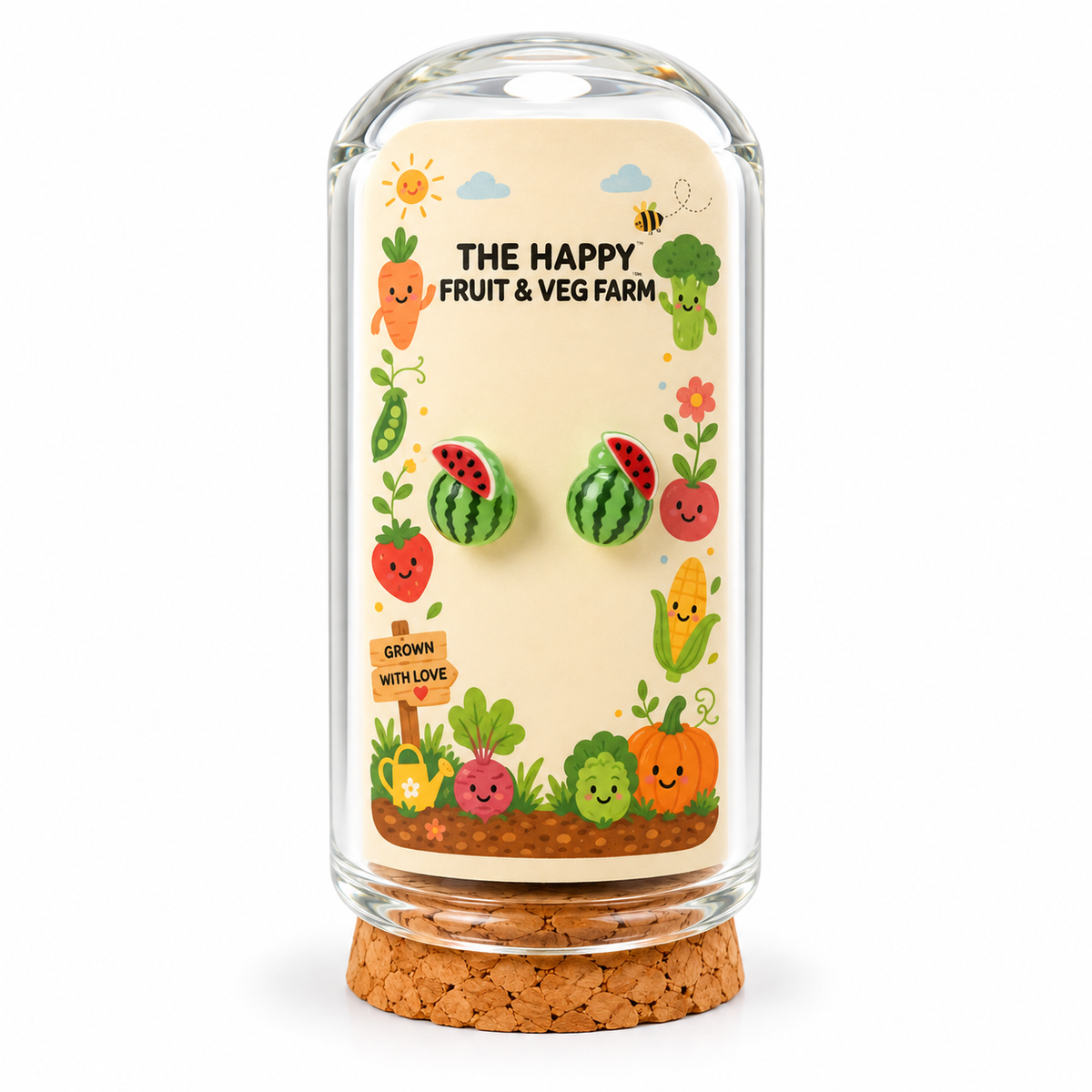Watermelon stud earrings in The Happy Fruit & Veg Farm glass bottle gift packaging