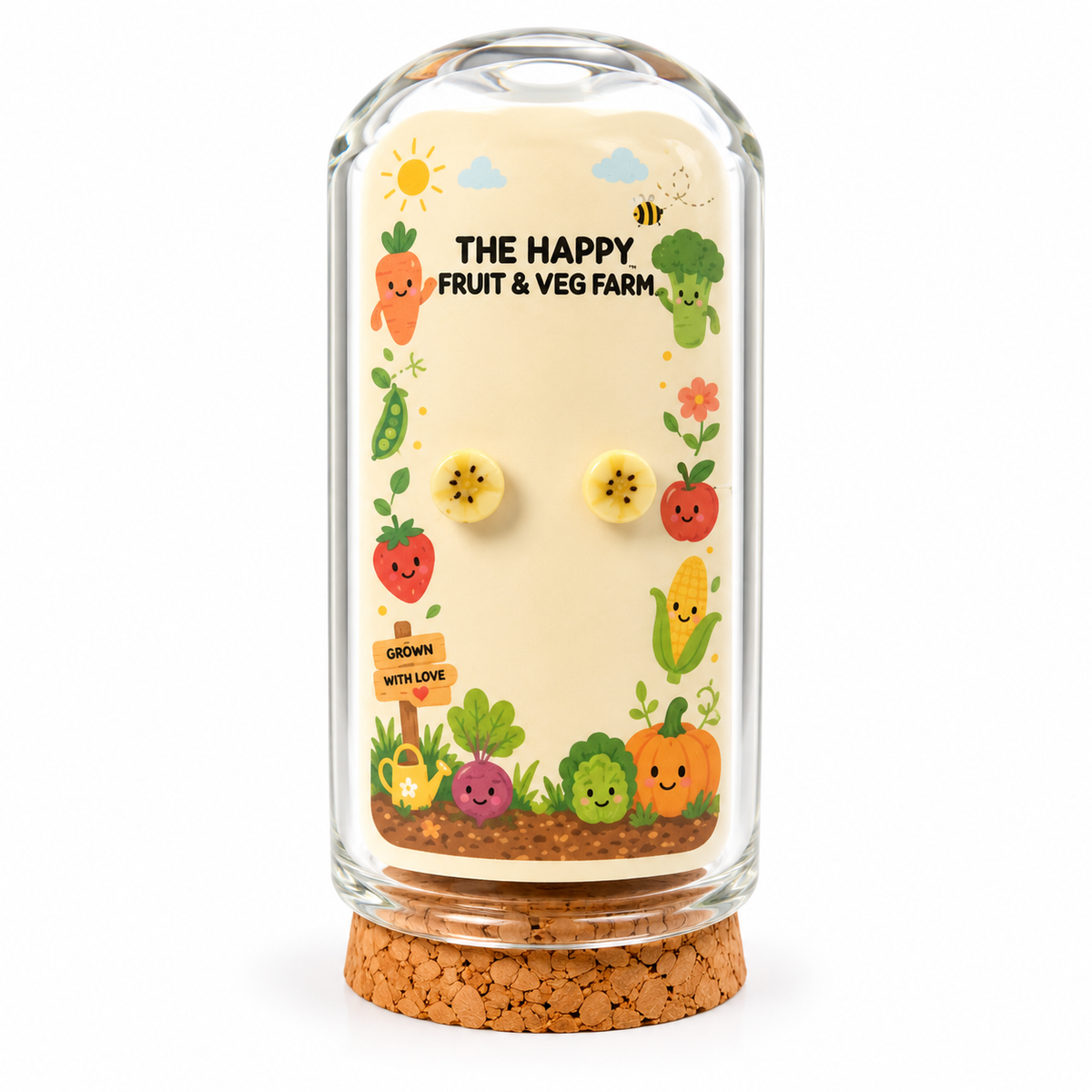 Banana slice stud earrings in The Happy Fruit & Veg Farm glass bottle gift packaging