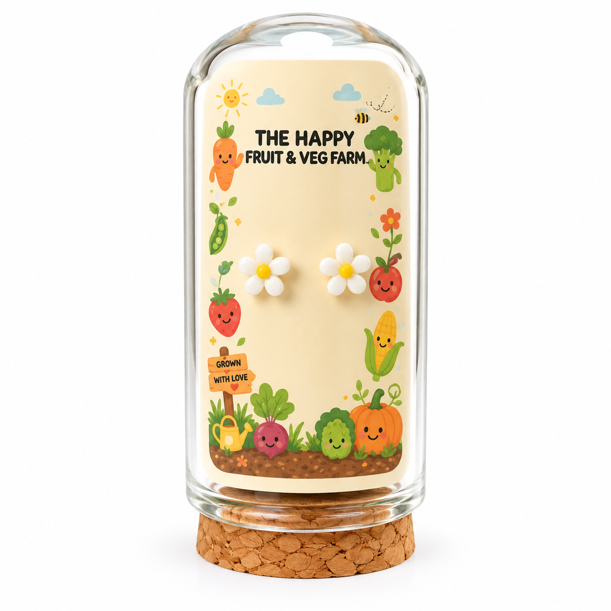White daisy stud earrings in The Happy Fruit & Veg Farm glass bottle gift packaging