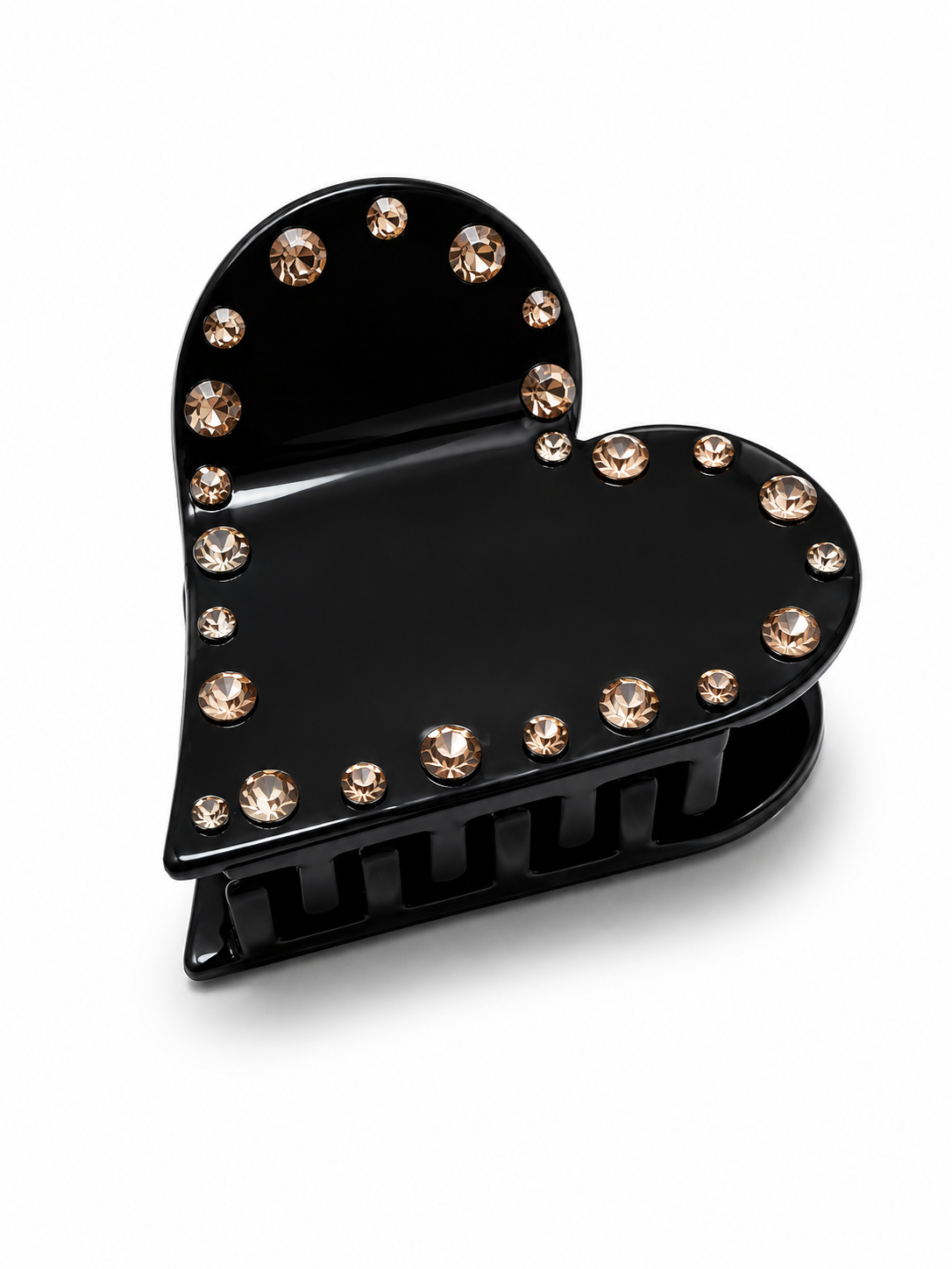 Black heart shaped hair claw clip with champagne rhinestone details