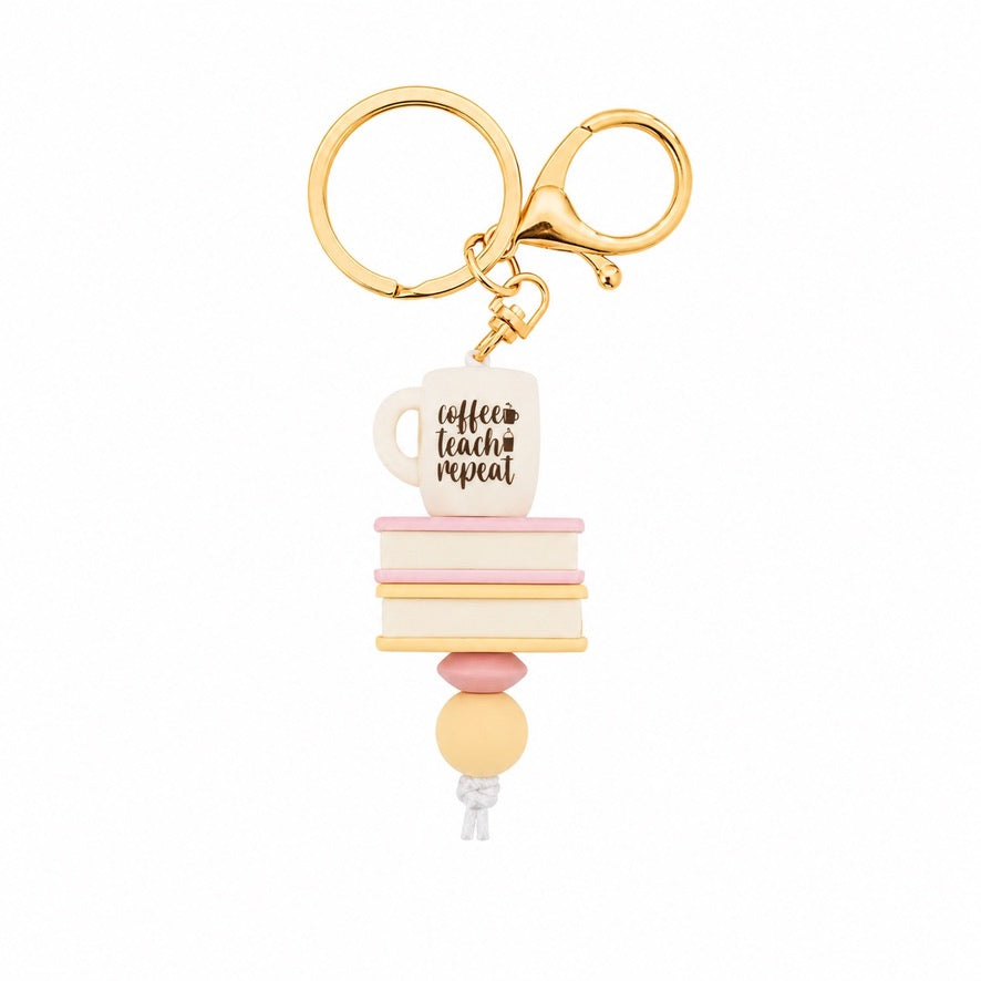 Coffee Teach Repeat mug and books teacher keyring