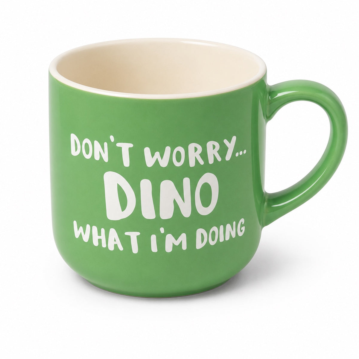 Don't Worry Dino What I'm Doing green mug front view