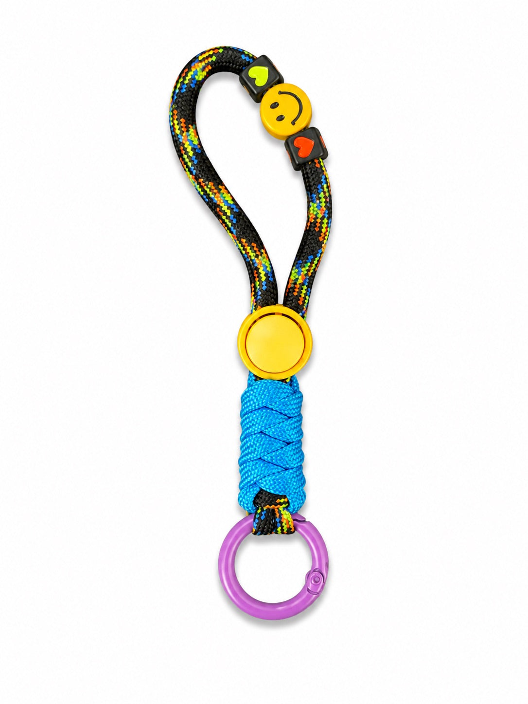 Black multicolour rope smiley keyring with blue wrap