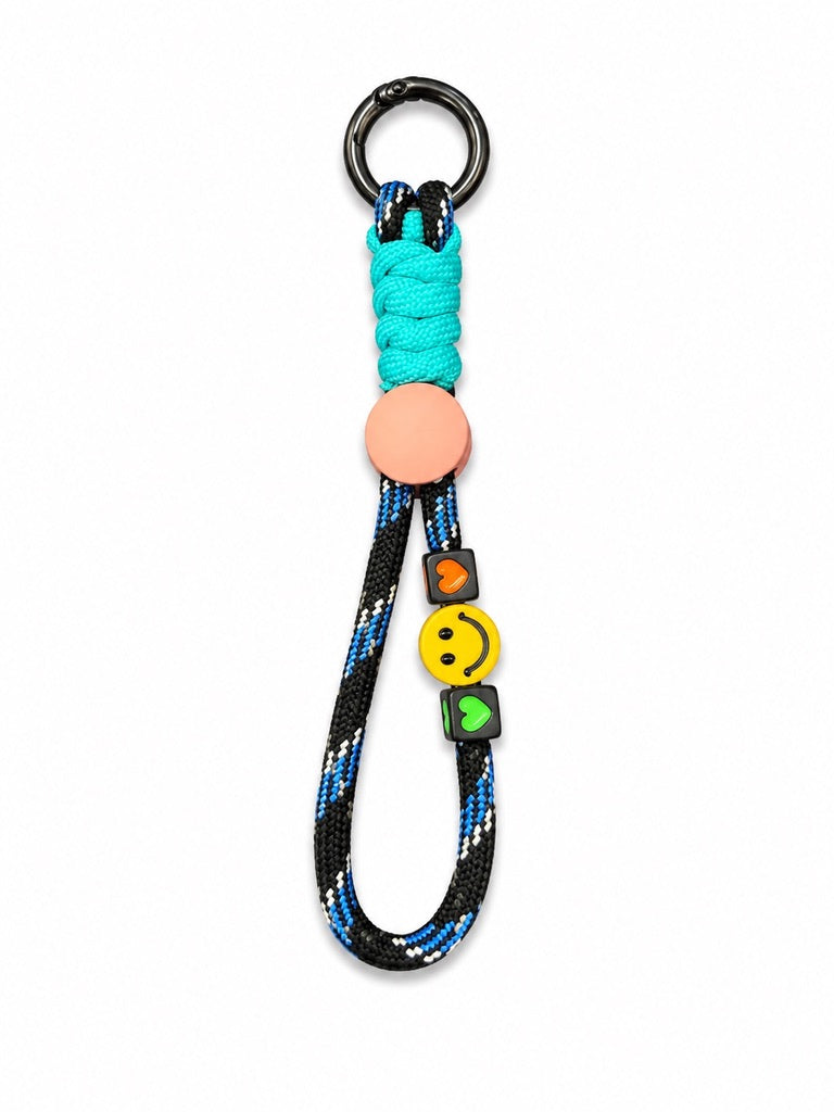 Black and blue rope smiley keyring with turquoise wrap