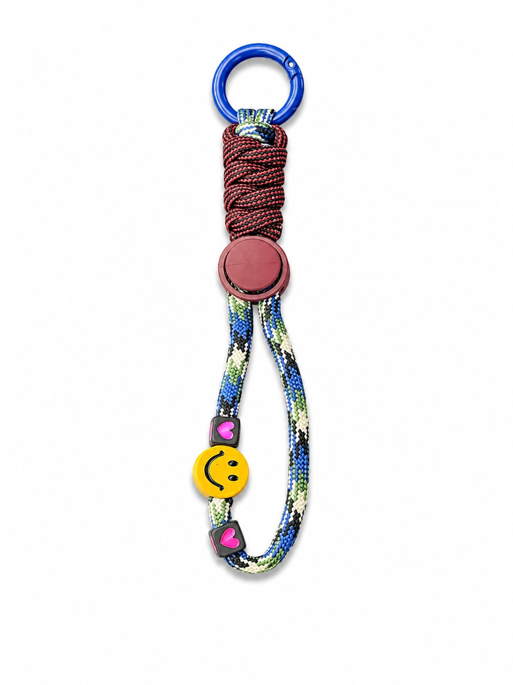 Blue green patterned rope smiley keyring with burgundy wrap