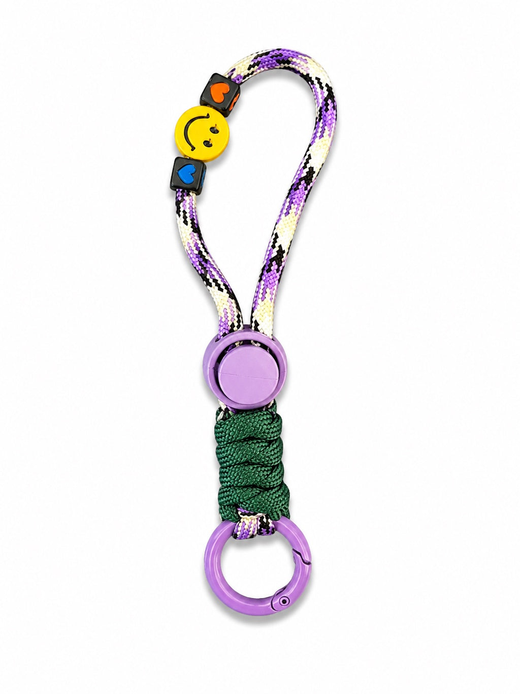 Purple patterned rope smiley keyring with green wrap