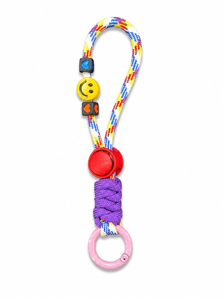 White multicolour rope smiley keyring with purple wrap