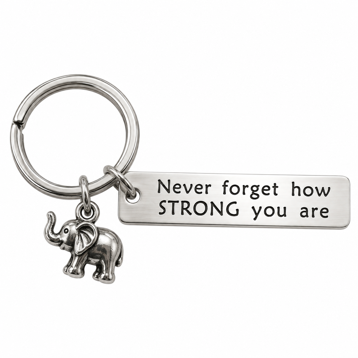Silver elephant keyring with Never forget how STRONG you are message