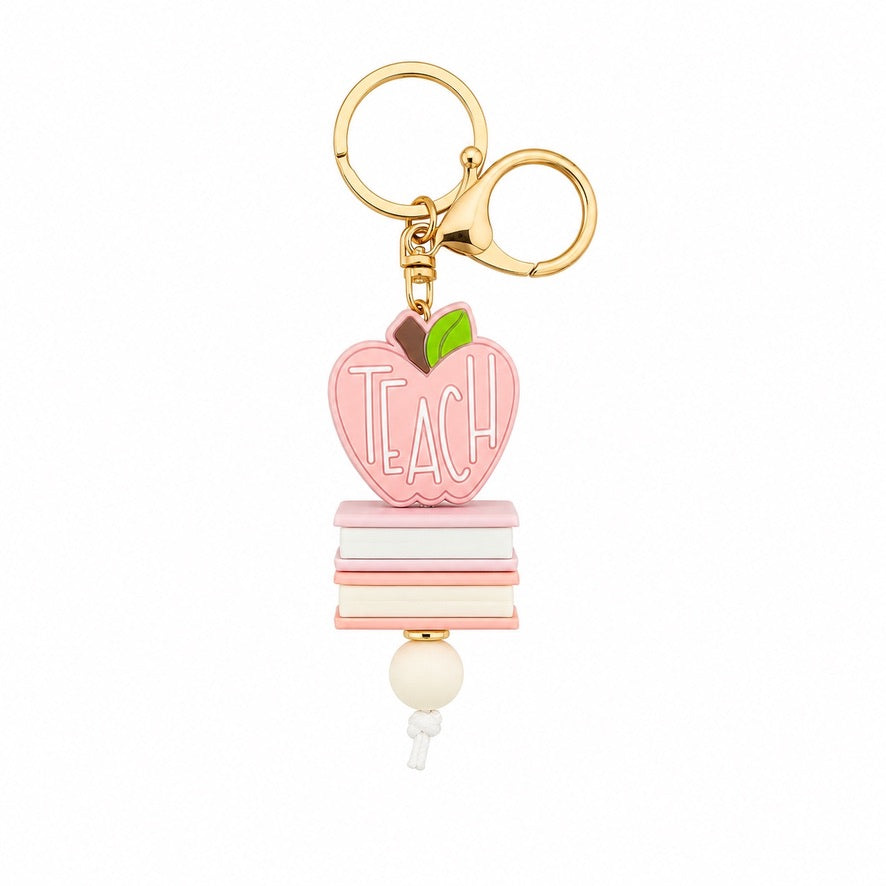 Pink Teach apple and books teacher keyring