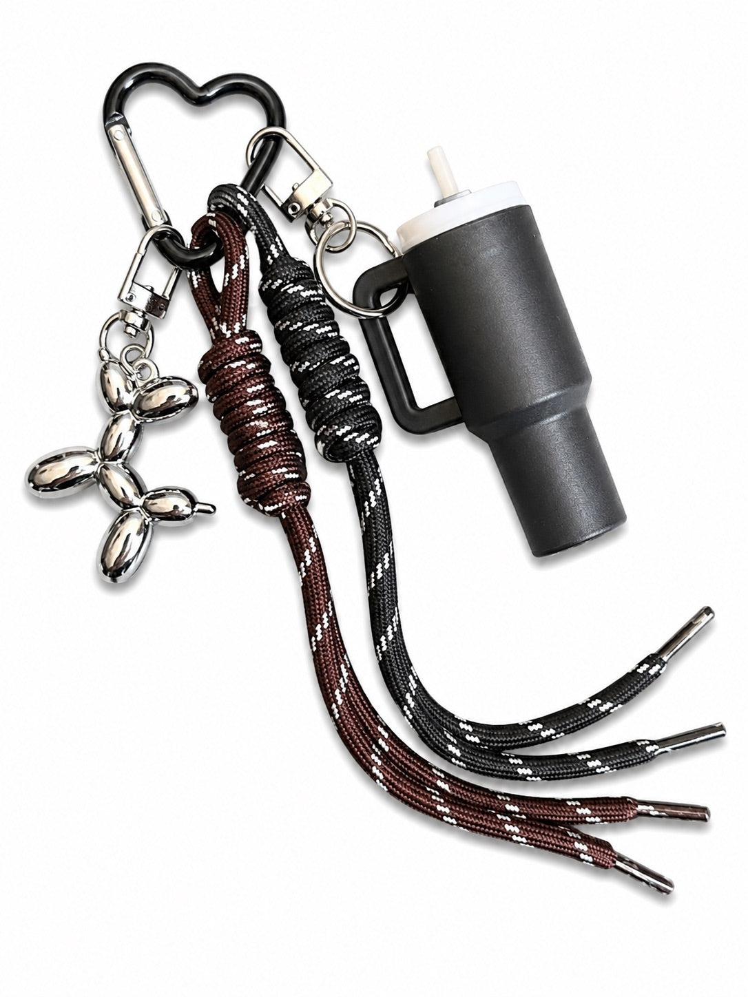 Black tumbler rope charm keyring with black and brown cords