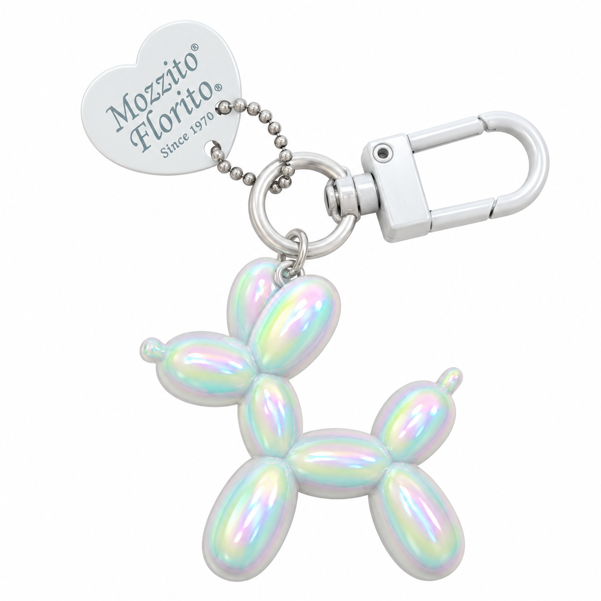 White iridescent balloon dog keyring